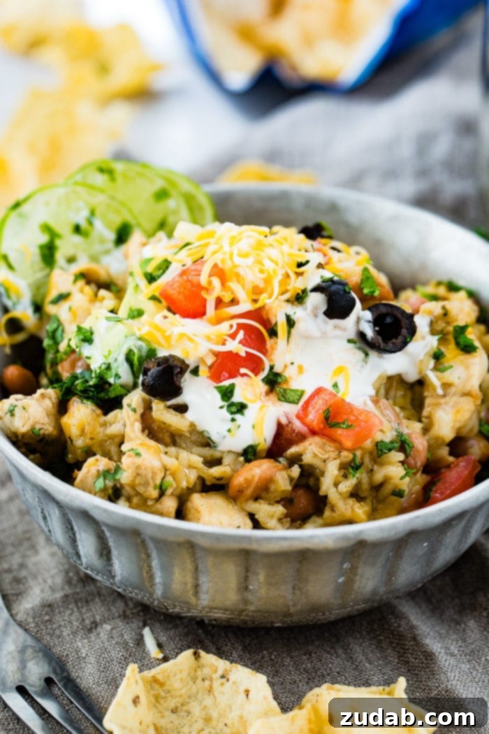 A photo of a silver bowl full of cilantro lime chicken and rice with pinto beans topped with sour cream, sliced olives, grated colby jack cheese, chopped fresh cilantro and slices of lime.