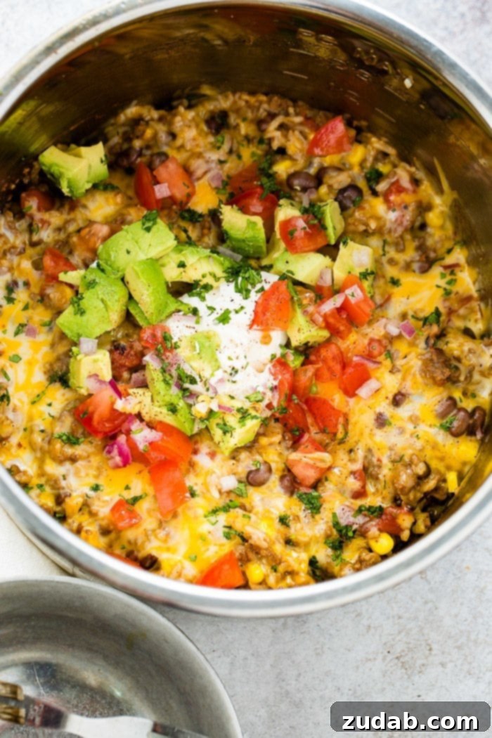 Instant Pot Ground Beef Burrito Bowls in Minutes 3 A vibrant Instant Pot Ground Beef Burrito Bowl, generously topped with freshly chopped tomatoes, creamy avocado chunks, and aromatic fresh cilantro, ready for a family dinner.