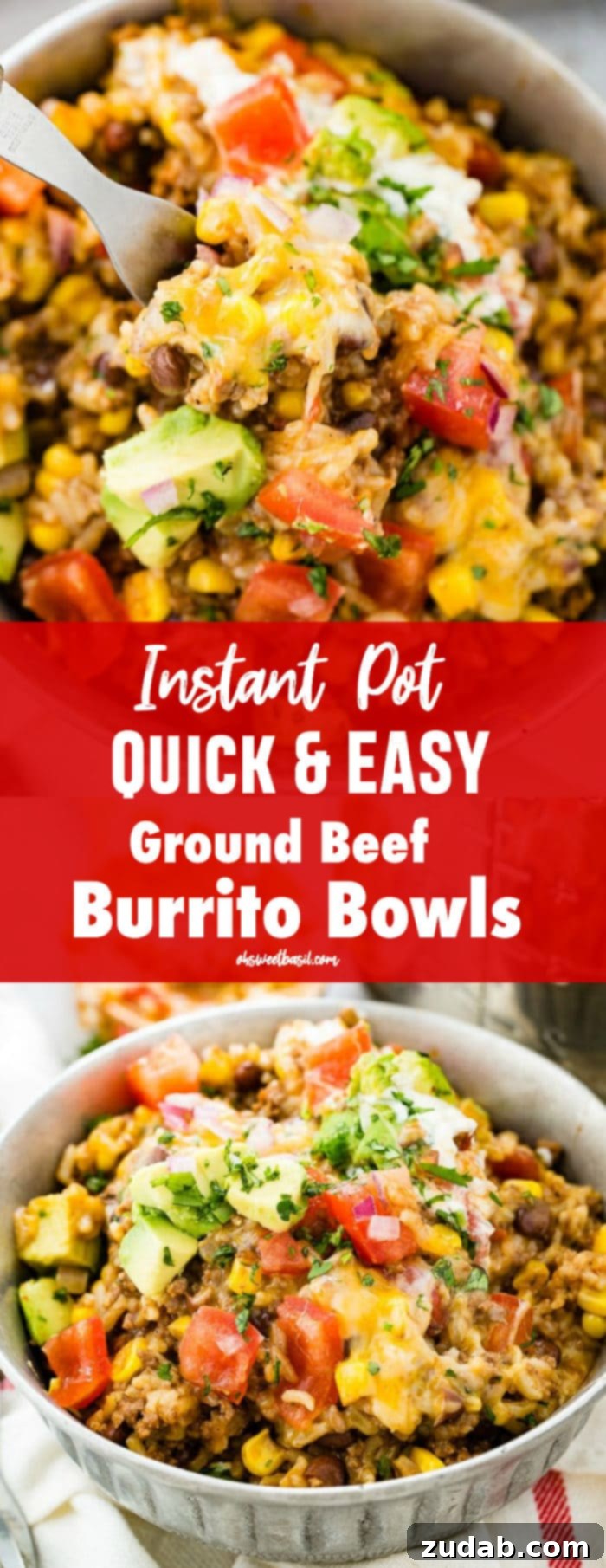 Instant Pot Ground Beef Burrito Bowls in Minutes 9 A top-down view of an Instant Pot Ground Beef Burrito Bowl, richly textured with beef, rice, and beans, and adorned with fresh toppings including chopped tomatoes, creamy avocado, and vibrant cilantro. The image highlights the deliciousness and ease of preparation of this family-friendly meal.