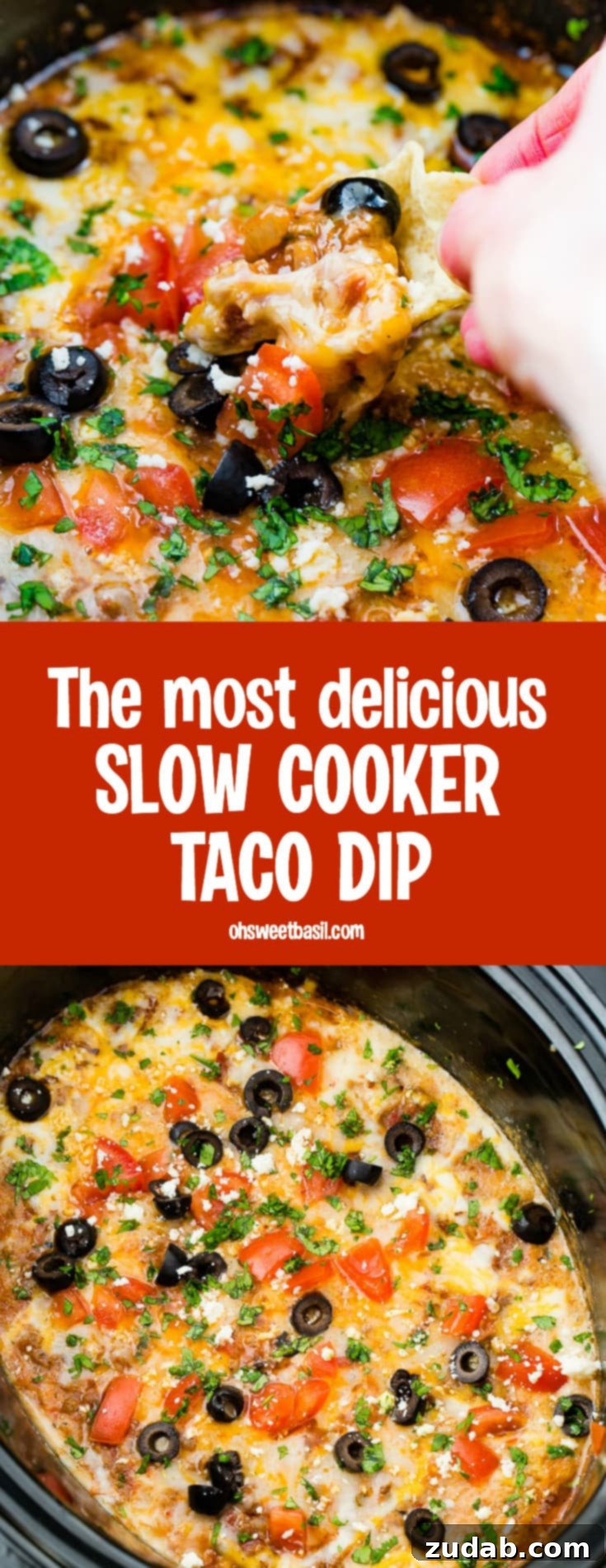 Ultimate Slow Cooker Taco Dip 9 A photo of someone scooping out a helping of slow cooker taco dip with a tortilla chip.