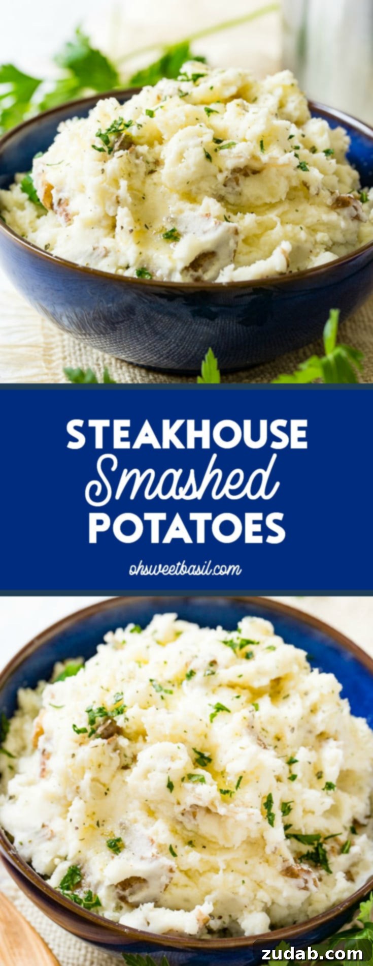 Crispy Garlic Smashed Potatoes 6 A large, appealing photo of a blue serving bowl brimming with chunky smashed potatoes, elegantly garnished with fresh chopped parsley.