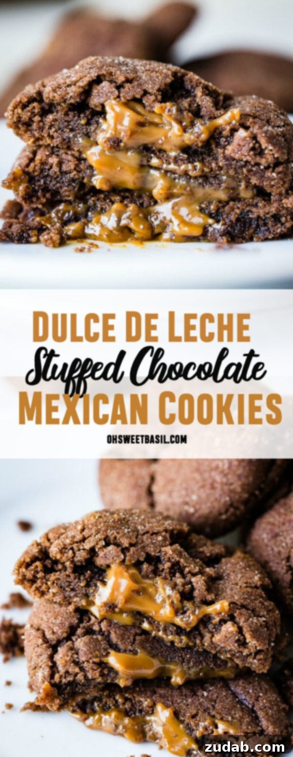 Dulce De Leche-Filled Mexican Chocolate Delights 7 A beautifully composed photo of three Dulce de Leche Stuffed Chocolate Mexican Cookies, halved and stacked, showcasing the inviting caramel filling against the dark chocolate.