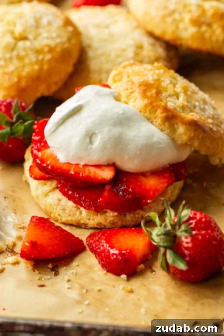 Perfect Homemade Strawberry Shortcake 2 A beautifully arranged golden sweet biscuit filled with succulent strawberry slices and generous fluffy whipped cream, ready to be devoured.