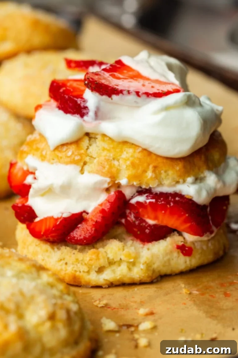 Perfect Homemade Strawberry Shortcake 3 A close-up photo of a golden baked sweet biscuit, exquisitely layered with vibrant, juicy strawberry slices and crowned with rich, fluffy whipped cream. The top biscuit leans invitingly on the side, showcasing the layers.