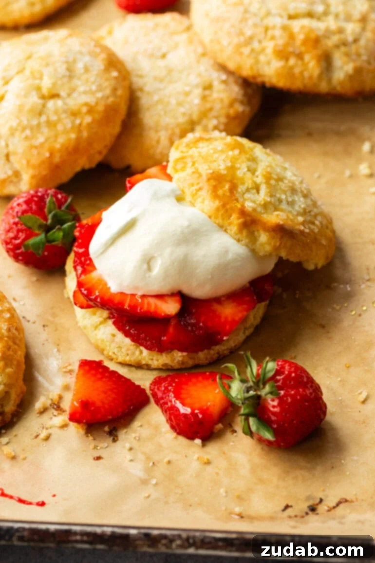 Perfect Homemade Strawberry Shortcake 4 A delectable sweet biscuit, generously piled with vibrant strawberry slices and a cloud of whipped cream, with another biscuit half leaning alluringly against its side.