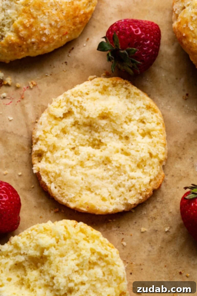 Perfect Homemade Strawberry Shortcake 5 A top-down view of a fluffy, golden baked sweet biscuit with its top gently removed, revealing the tender, inviting middle of the biscuit.
