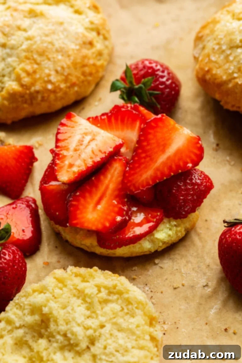 Perfect Homemade Strawberry Shortcake 6 A close-up photograph of the bottom half of a sweet biscuit, generously topped with glistening, juicy sliced strawberries, showcasing the vibrant fruit layer.