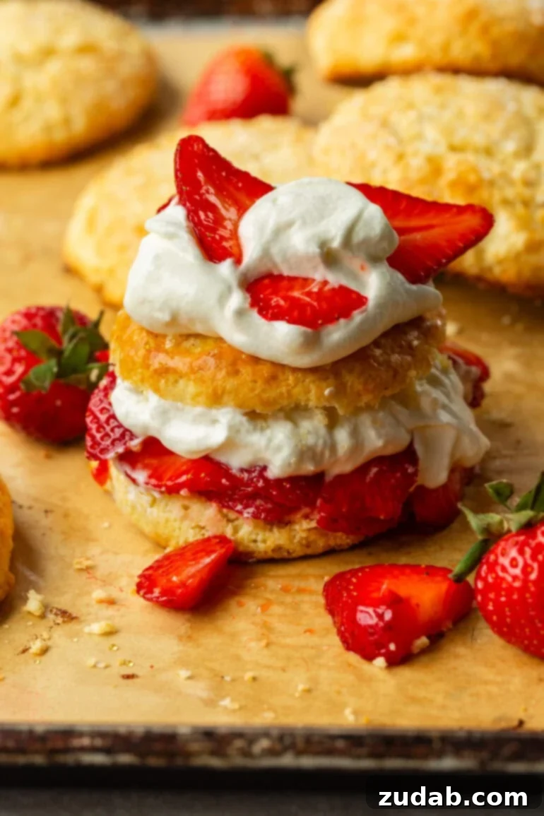 Perfect Homemade Strawberry Shortcake 7 A captivating photo of a homemade strawberry shortcake resting on a sweet biscuit, generously topped with glistening, juicy sliced strawberries and a perfect swirl of whipped cream.