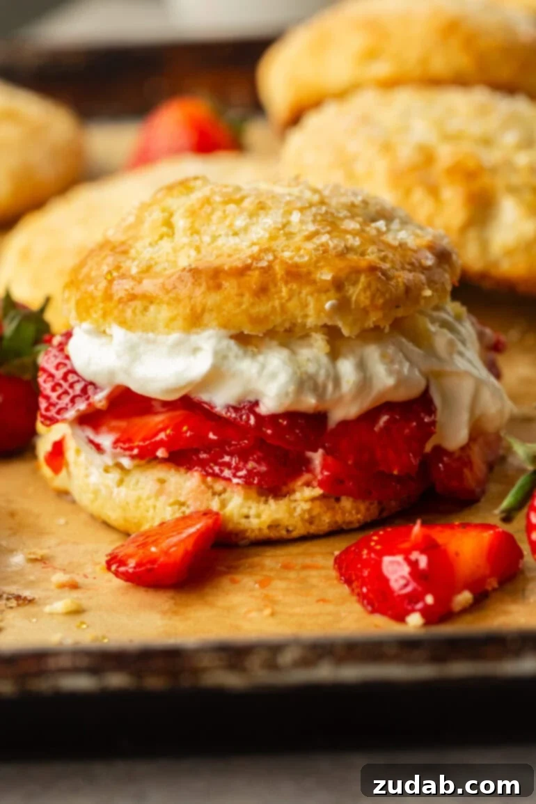 Perfect Homemade Strawberry Shortcake 8 A side-view photo of a generously loaded golden sweet biscuit with glistening juicy strawberry slices and a luxurious dollop of whipped cream, making for an irresistible treat.