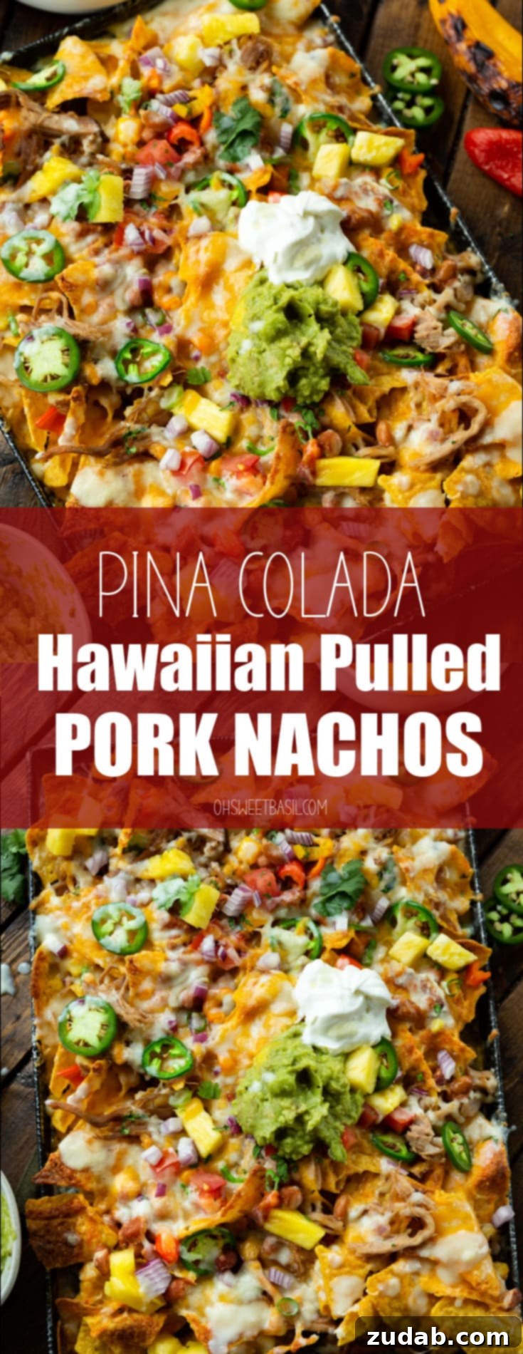 Crockpot Luau Pulled Pork Nachos 9 A high-angle view of a sheet pan generously laden with Hawaiian pulled pork nachos, featuring golden tortilla chips, tender pulled pork, melted cheese, pinto beans, a creamy pina colada sauce, and vibrant sliced jalapeños.