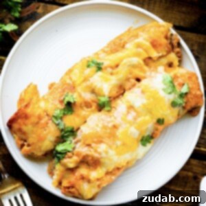 Seriously Simple Bean and Cheese Enchiladas 6 A close-up of a baked bean and cheese enchilada from the recipe.
