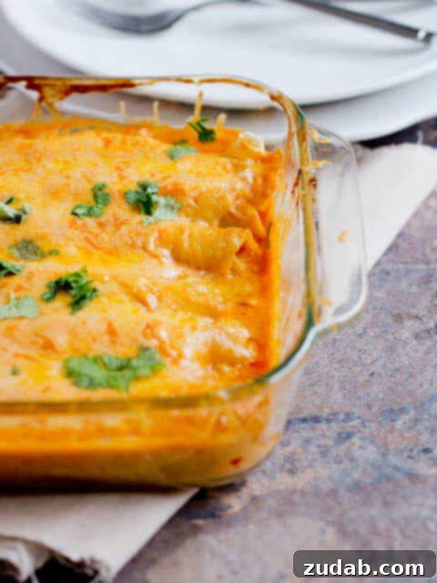 Bean and cheese smothered enchiladas ohsweetbasil.com A side view of golden-brown bean and cheese enchiladas, with sauce bubbling around the edges.