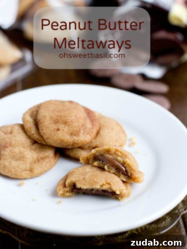 Irresistible Peanut Butter Meltaway Cookies, perfectly stuffed with melty chocolate. A top recipe from ohsweetbasil.com