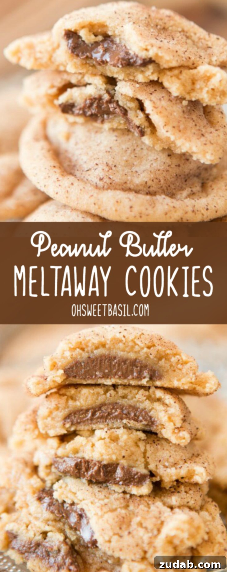 A warm, gooey Peanut Butter Meltaway Cookie, broken open to show the melted chocolate center. Photo from ohsweetbasil.com