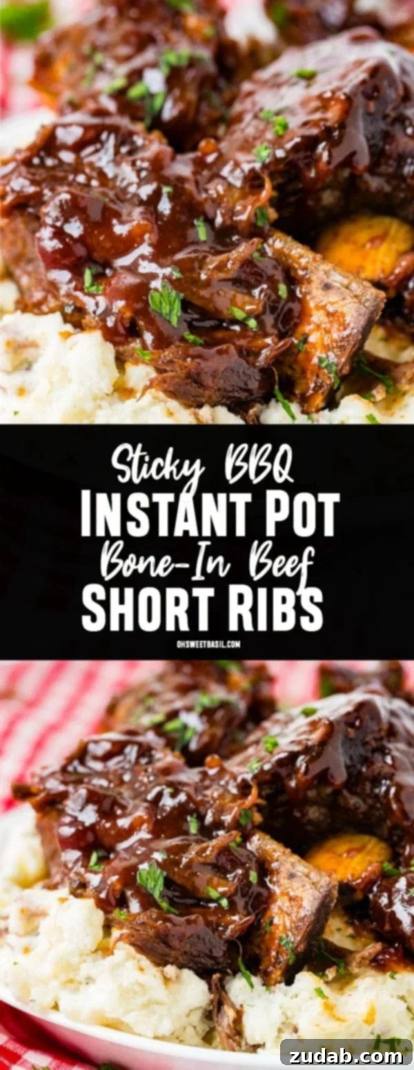 Fall-Off-The-Bone Instant Pot BBQ Short Ribs 7 A photo of sticky bbq beef short ribs piled on top of mashed potatoes on a white plate on top of a red and white checkered cloth napkin.
