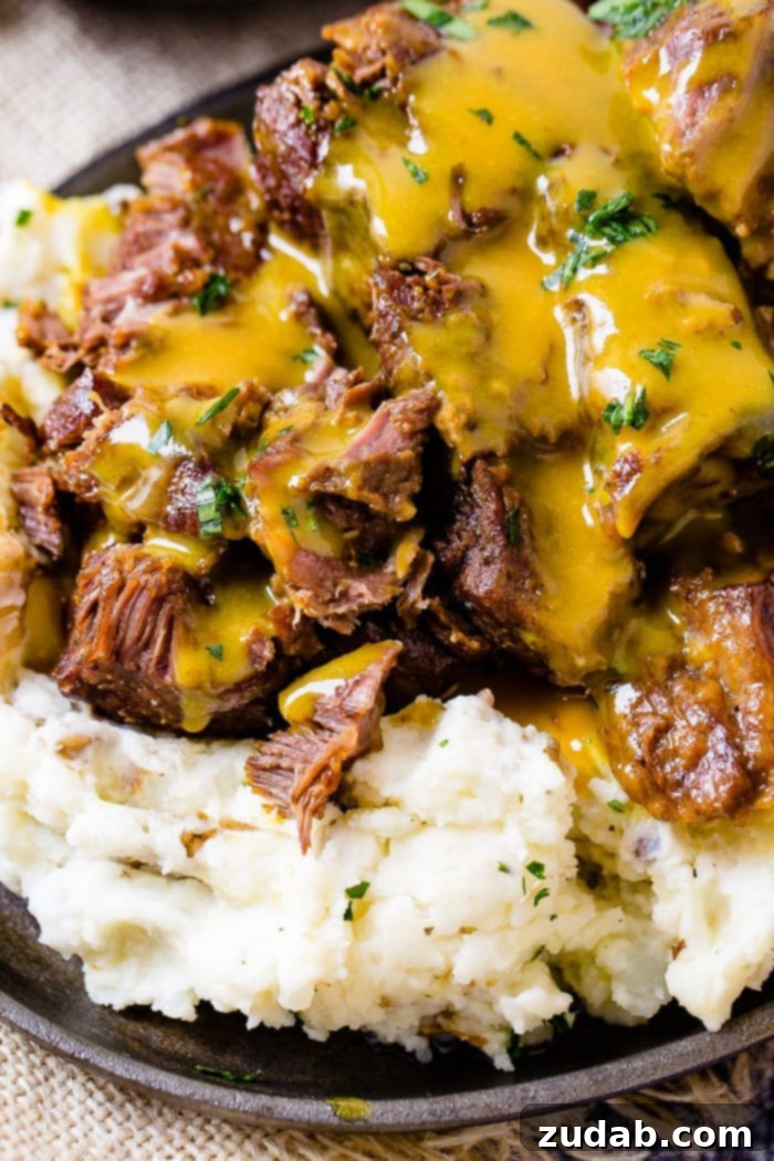 Instant Pot Carolina Gold Beef Short Ribs 3 A photo of beef short ribs smothered in mustard Carolina BBQ sauce over a pile of mashed potatoes.
