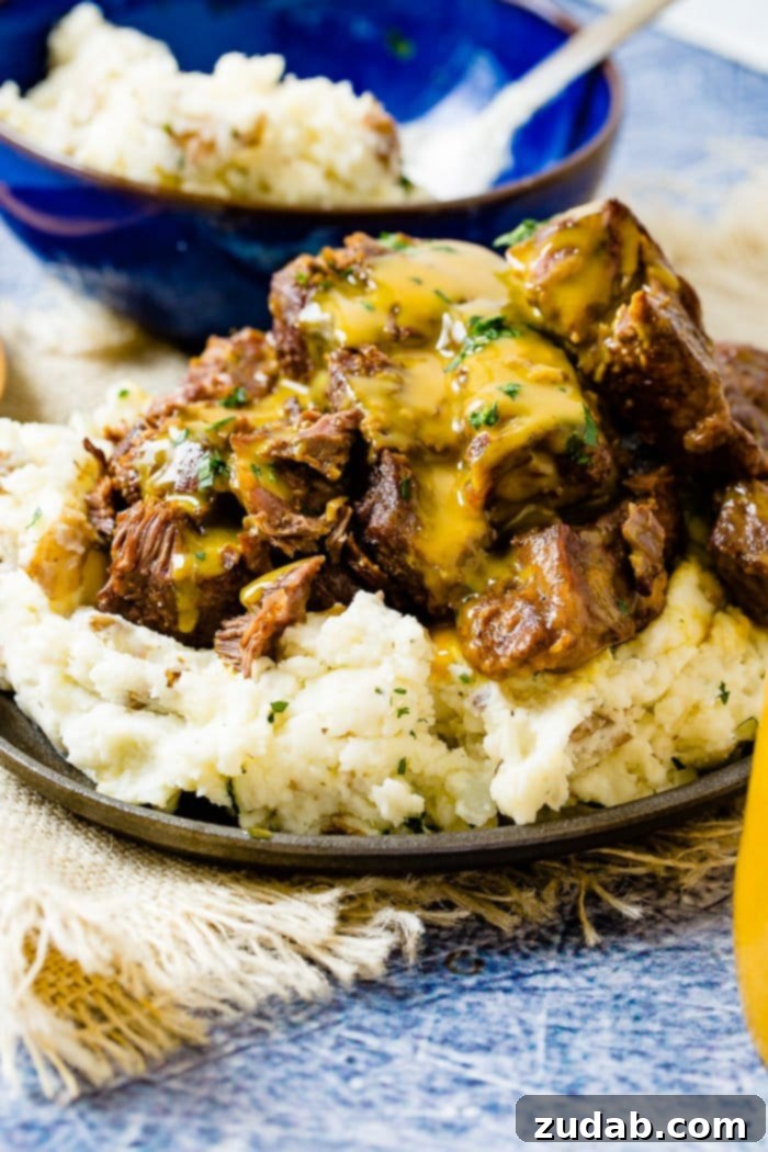 Instant Pot Carolina Gold Beef Short Ribs 4 A photo of beef short ribs smothered in mustard Carolina BBQ sauce over a pile of mashed potatoes.