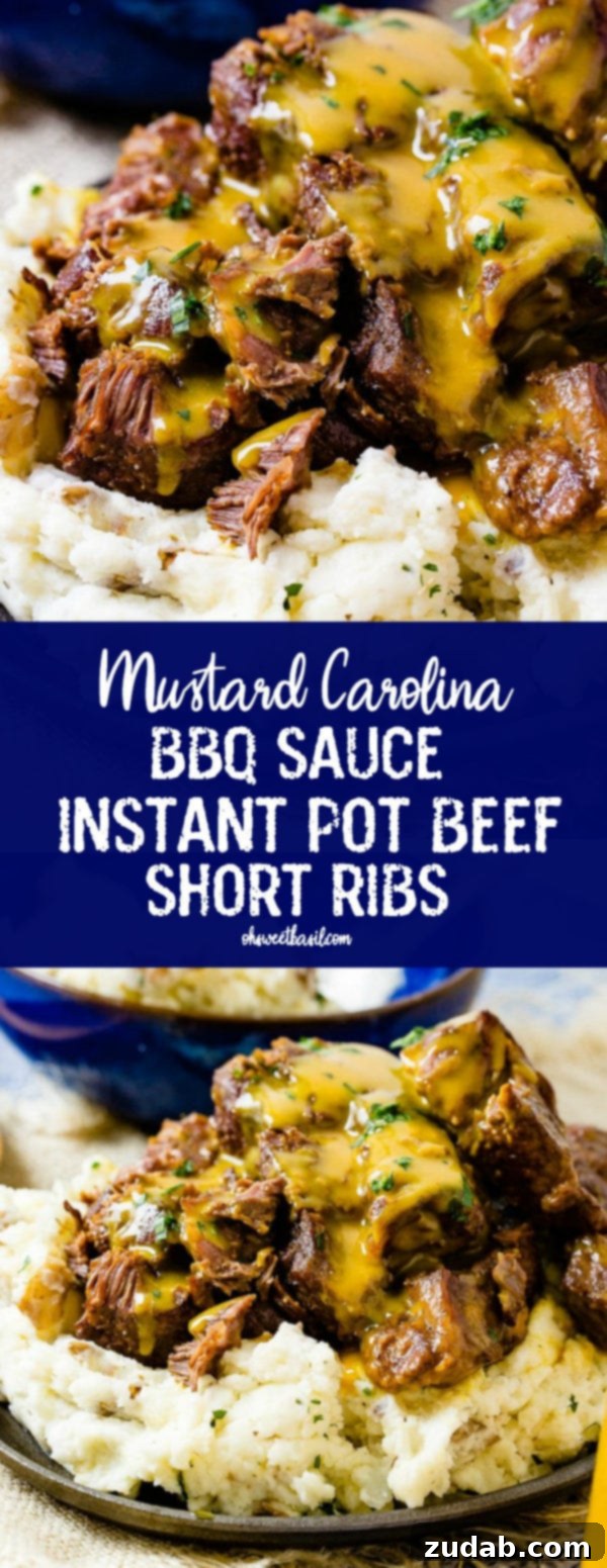 Instant Pot Carolina Gold Beef Short Ribs 7 A photo of beef short ribs smothered in mustard Carolina BBQ sauce over a pile of mashed potatoes.