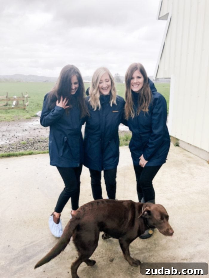 Road Trip Ready Snacks and Entertainment Solutions 11 A group of three friends are captured smiling at the camera at Tillamook Farms in Tillamook, Oregon. They appear happy and relaxed, enjoying their visit to the dairy farm.