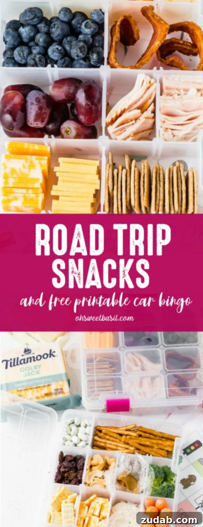 Road Trip Ready Snacks and Entertainment Solutions 16 A craft box, typically used for organizing beads or other crafting materials, is expertly filled with an array of healthy and appealing snacks. The compartments hold various nuts, fresh fruits, miniature sandwiches, slices of cheese, and wholesome crackers, offering a perfectly organized and healthy road trip snack box for family travel.