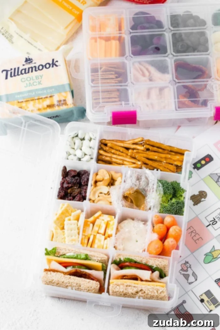 Road Trip Ready Snacks and Entertainment Solutions 3 A versatile craft box, typically designed for organizing beads or other craft supplies, has been ingeniously repurposed. It now serves as a healthy road trip snack box, brimming with an array of nutritious delights such as various nuts, fresh and dried fruits, mini sandwiches, premium cheese slices, and assorted crackers, making healthy eating on the go effortless.