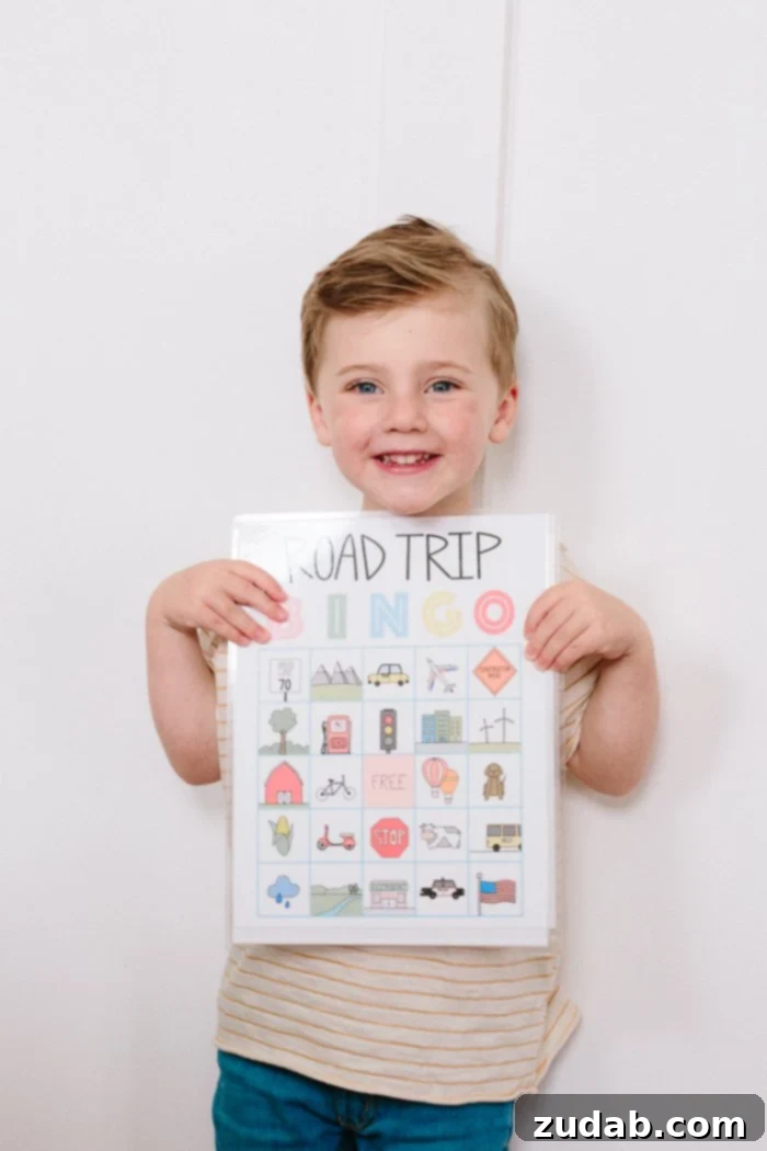 Road Trip Ready Snacks and Entertainment Solutions 6 A free printable bingo sheet designed for car trips, featuring a playful image. The text highlights that kids enjoy playing this car bingo game, using small pieces of Tillamook Cheese as markers, emphasizing family fun and healthy snacking.