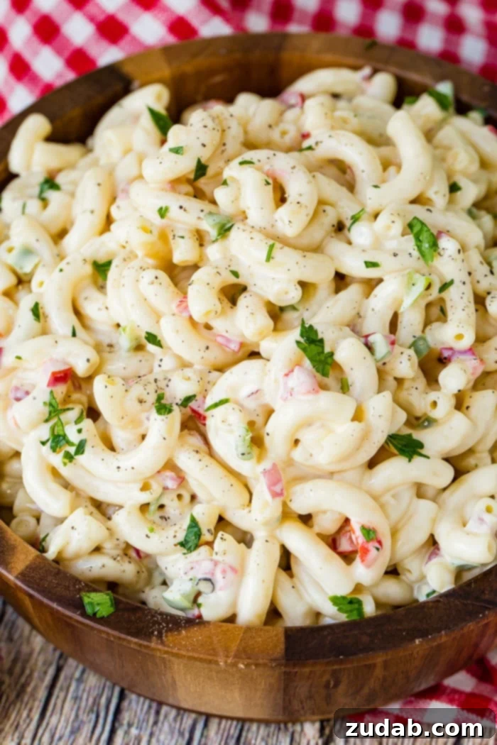 The Ultimate Macaroni Pasta Salad Recipe 5 A close up picture of a creamy macaroni salad recipe.