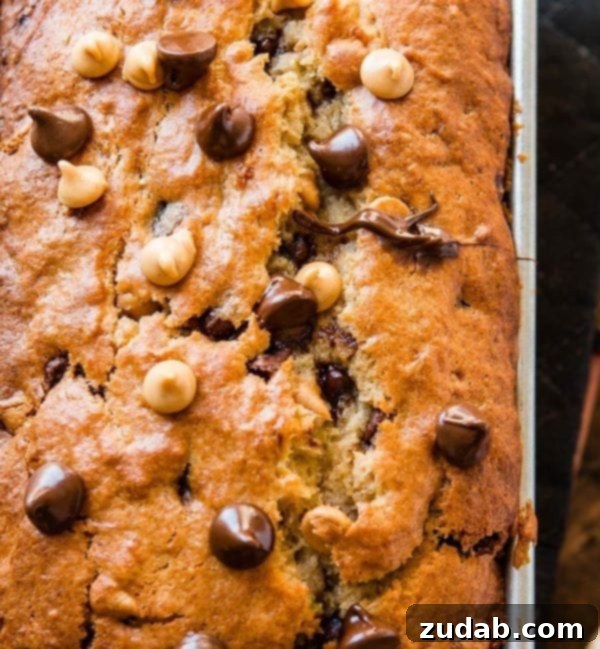 Through the Gloom: Faith's Enduring Struggle Part 19 2 A close up photo of a perfectly baked loaf of peanut butter banana bread, fresh from the oven, still in the pan with melted chocolate chips and golden peanut butter chips glistening on top, waiting to be sliced.