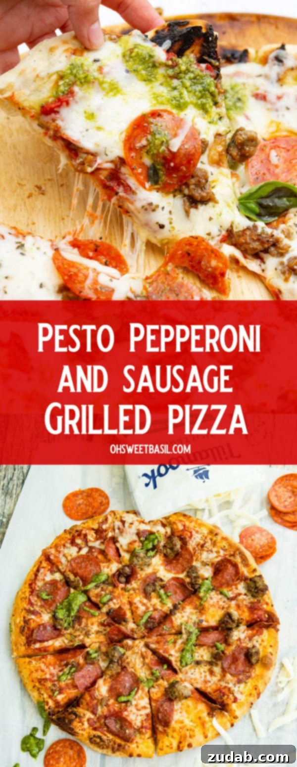 Grilled Pesto Pizza with Pepperoni and Sausage 7 A photo of a piece of pesto pepperoni grilled pizza being pulled away from the whole pizza.