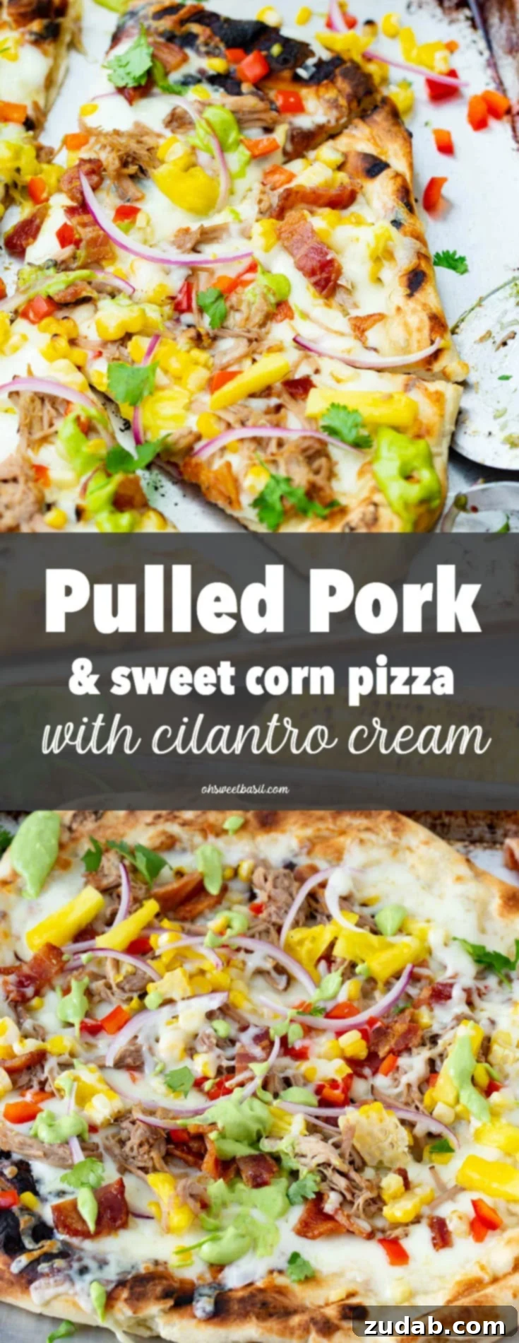 BBQ Pulled Pork Pizza with Sweet Corn and Cilantro Cream 3 A photo of pulled pork pizza covered in sweet corn, red onions, pinapple, bacon, and fresh cilantro.