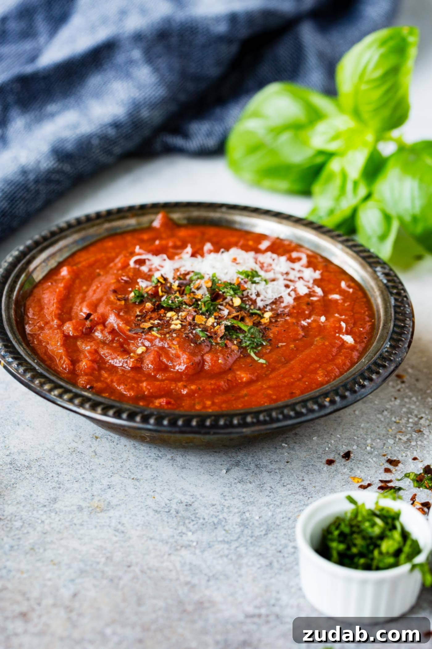 The Simplest Homemade Pizza Sauce You'll Ever Make 3 A black bowl containing pizza sauce. Cheese and herbs are sprinkled on top of the sauce and fresh basil is in the background.