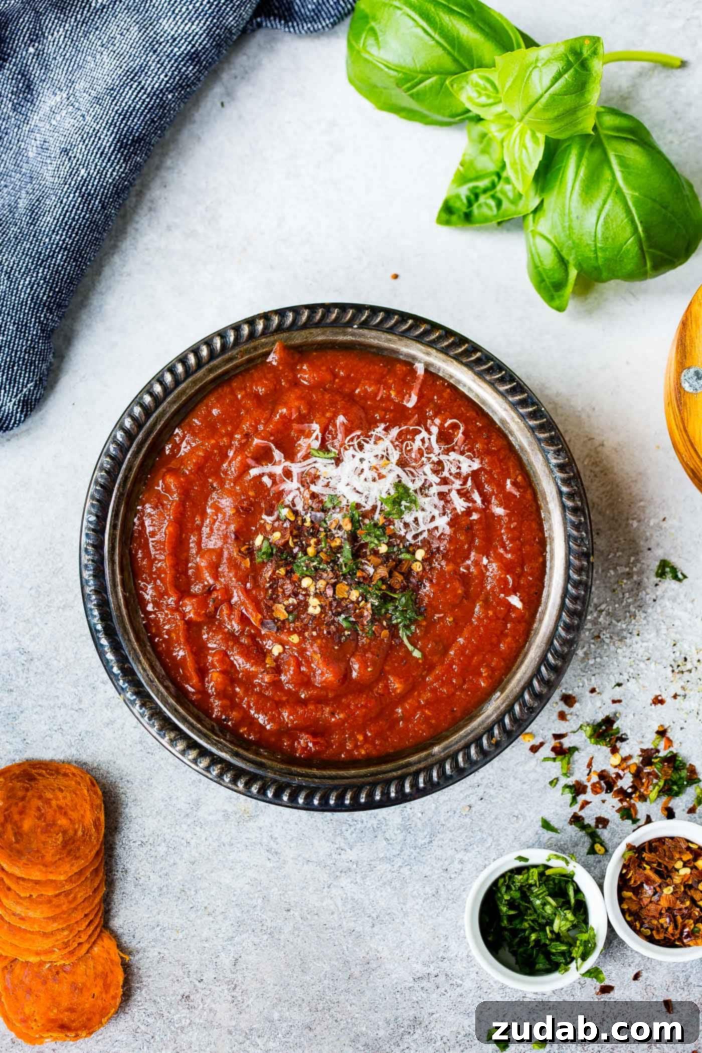 The Simplest Homemade Pizza Sauce You'll Ever Make 4 A bowl of homemade pizza sauce. The sauce is sprinkled with cheese and fresh herbs. Fresh basil and herbs are on the table next to the pizza sauce.