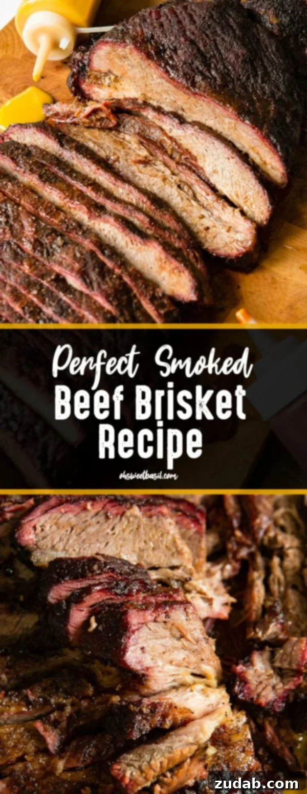 Smoked Brisket Mastery 3 A photo of perfectly smoked brisket sliced and sitting on a wooden cutting board with bottles of BBQ sauce laying next to it.