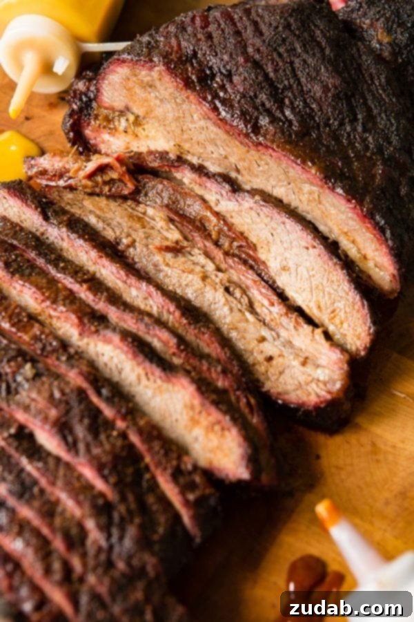 Perfect Smoked Brisket Recipe A photo of perfectly smoked brisket sliced on a wooden cutting board.