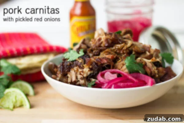 Pork carnitas with pickled red onions ohsweetbasil.com