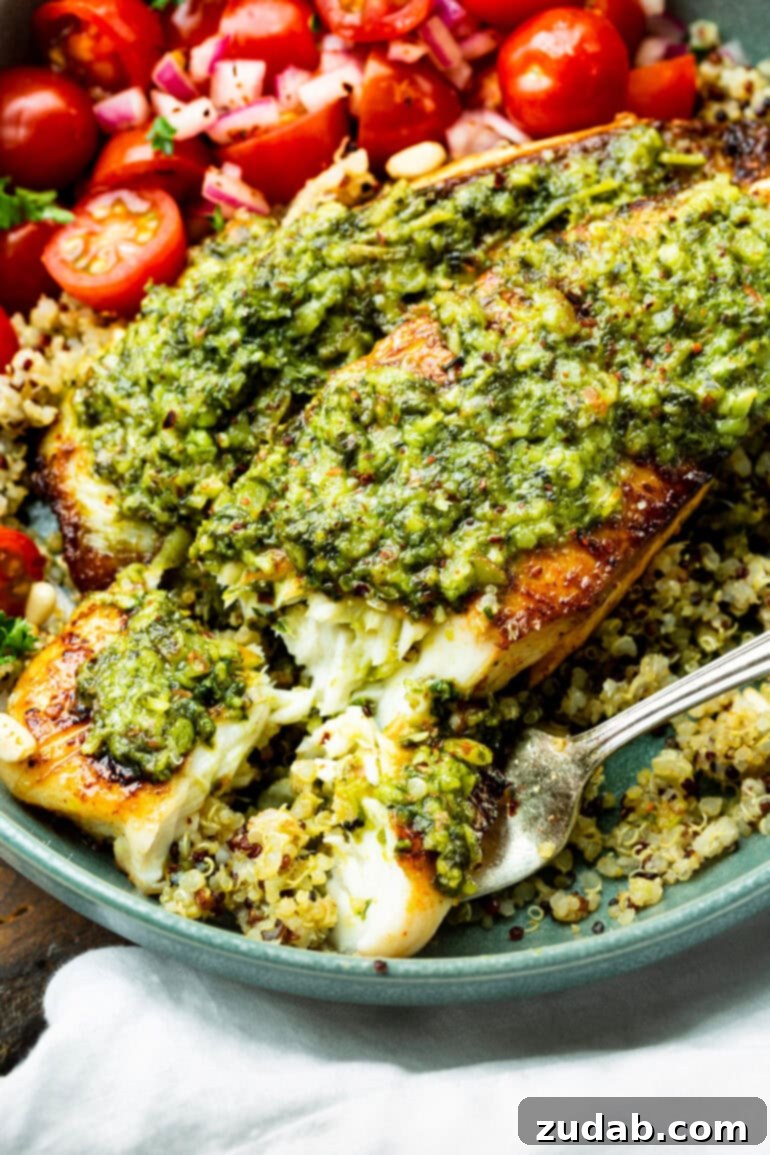 Pesto Tilapia Easy Low Calorie Dinner Video 7 a photo of two tilapia filets topped with pesto sauce on a bed of multicolored quinoa