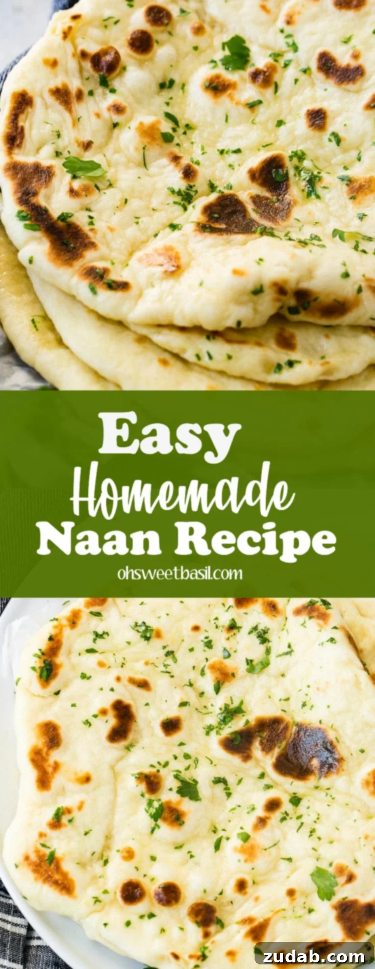 Effortless Homemade Naan 2 A vibrant photo showcasing four pieces of homemade naan stacked, highlighting their fluffy texture and golden crust, garnished with fresh cilantro.