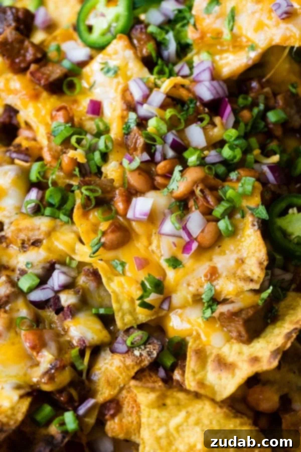 A photo of bbq brisket nachos with melted cheese all over the top and sliced jalapenos, diced red onion and fresh chopped cilantro.