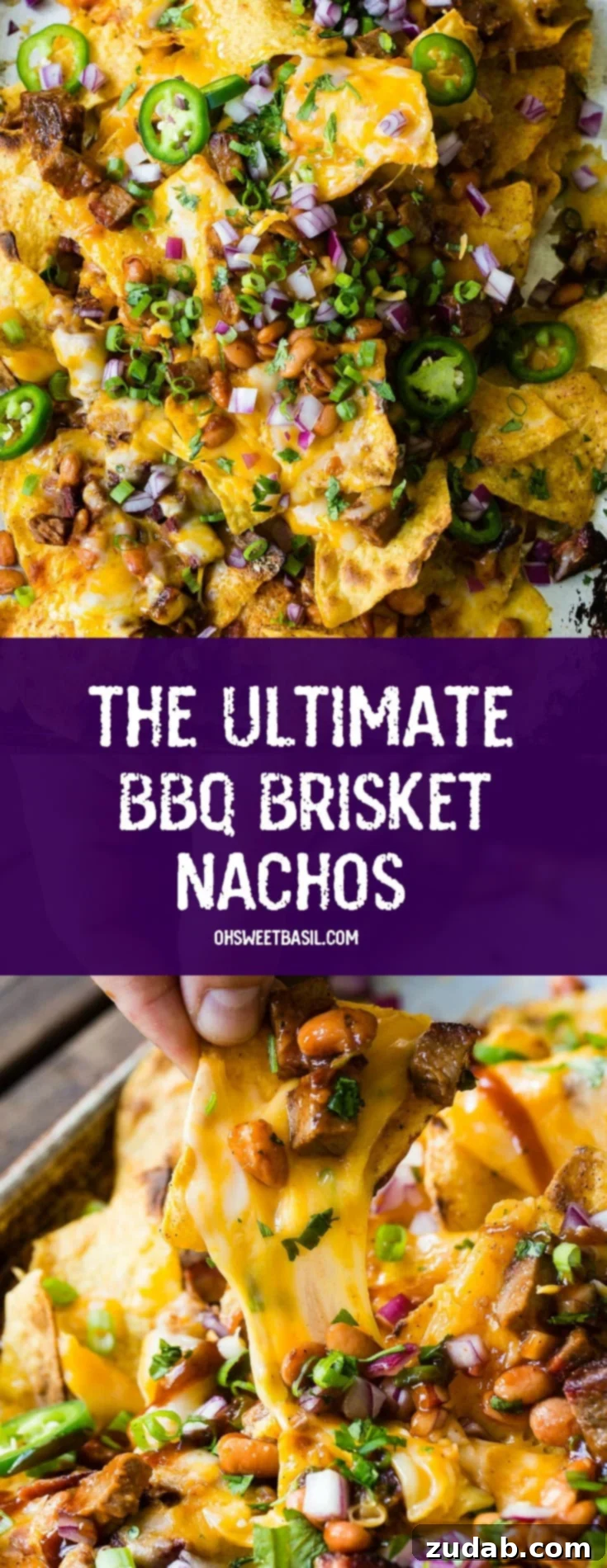A photo of bbq brisket nachos with melted cheese all over the top and sliced jalapenos, diced red onion and fresh chopped cilantro.