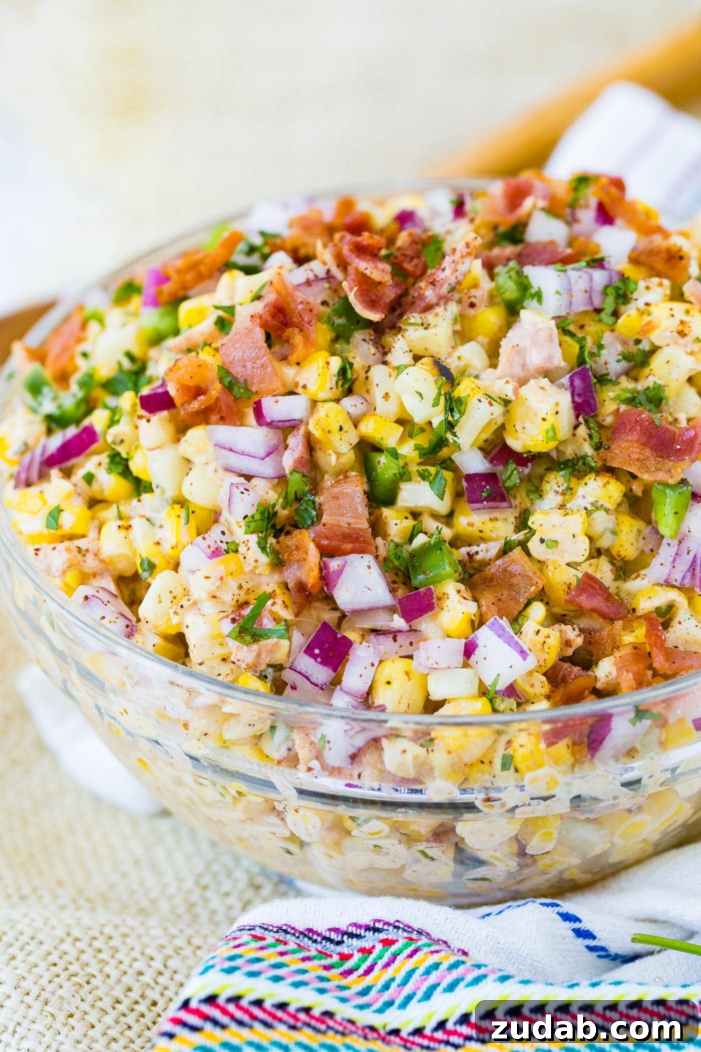 Jalapeno Bacon Elote Mexican Grilled Corn Salad A vibrant bowl of Mexican grilled corn salad, generously topped with crispy bacon bits and thinly sliced fresh jalapeno.