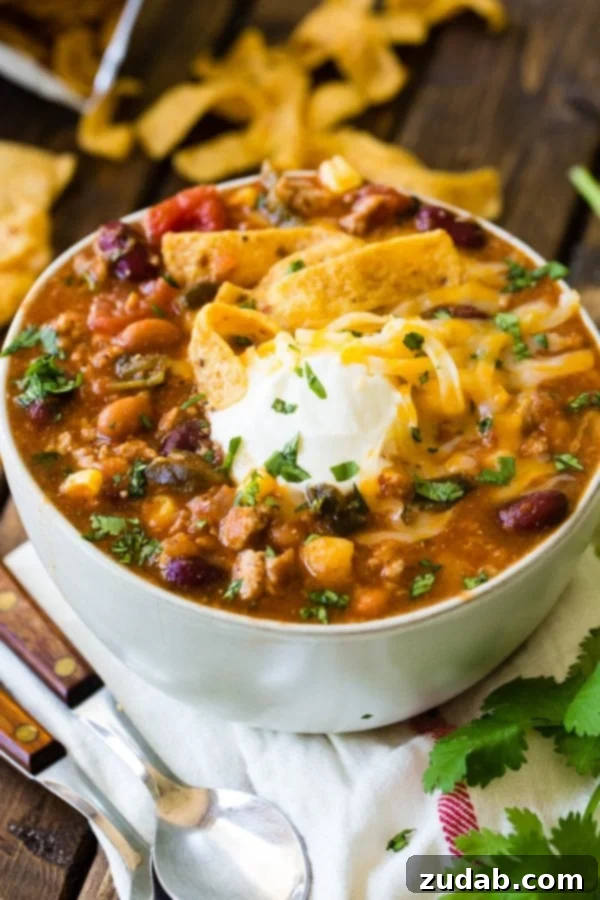 Blender Taco Chili A photo of a steaming bowl of taco chili generously topped with crunchy Fritos, a dollop of cool sour cream, and fresh chopped cilantro.