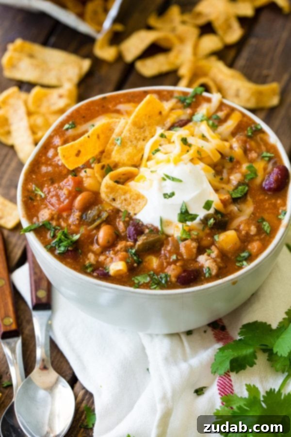 Blender Taco Chili A photo of a steaming bowl of taco chili, elegantly garnished with crispy Fritos, a dollop of sour cream, and fresh chopped cilantro, making it an inviting meal.