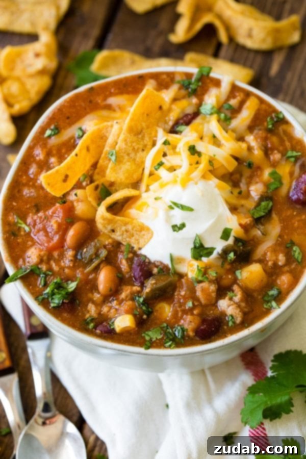 Blender Taco Chili A photo of a bowl of comforting taco chili, beautifully presented with a topping of crunchy Fritos, a swirl of sour cream, and fresh green cilantro.