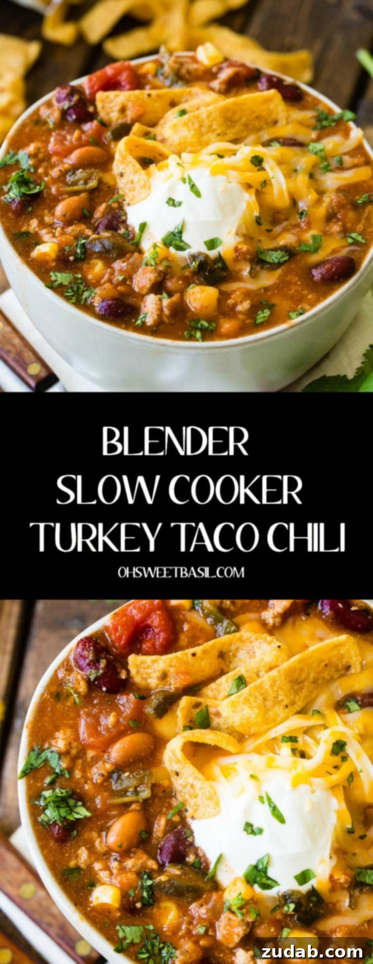 Blender Slow Cooker Turkey Taco Chili 3 A large, inviting bowl of taco chili topped with a generous amount of crispy Fritos, creamy sour cream, and fresh chopped cilantro, ready for a delicious meal.