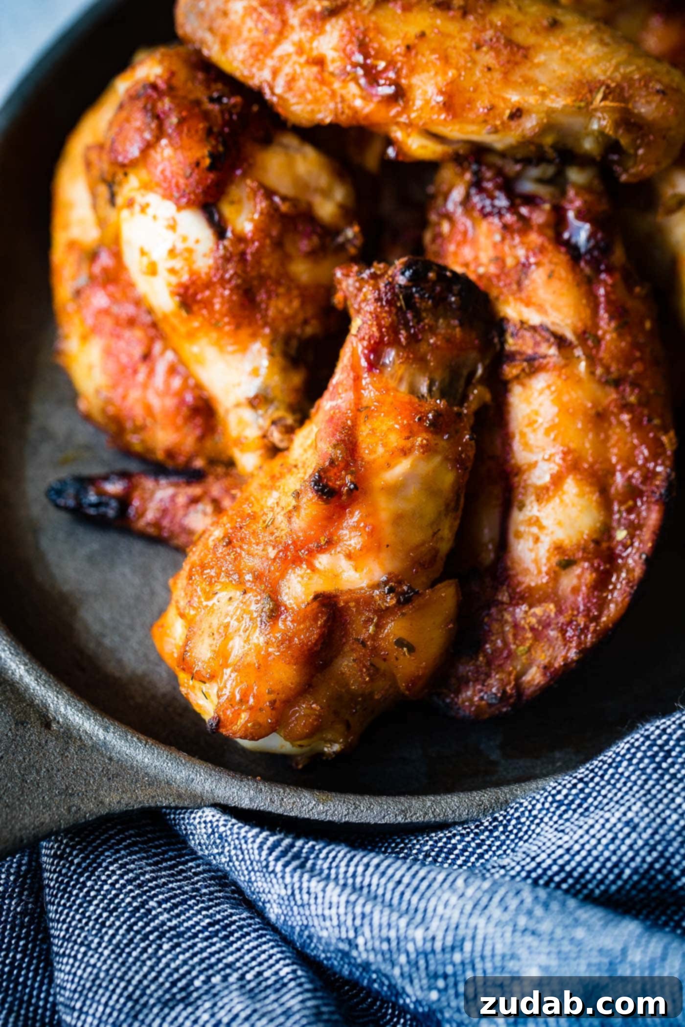 The BEST Dry Rubbed Smoked Chicken Wings A photo of a plate full of dry rubbed smoked chicken wings, artfully arranged.