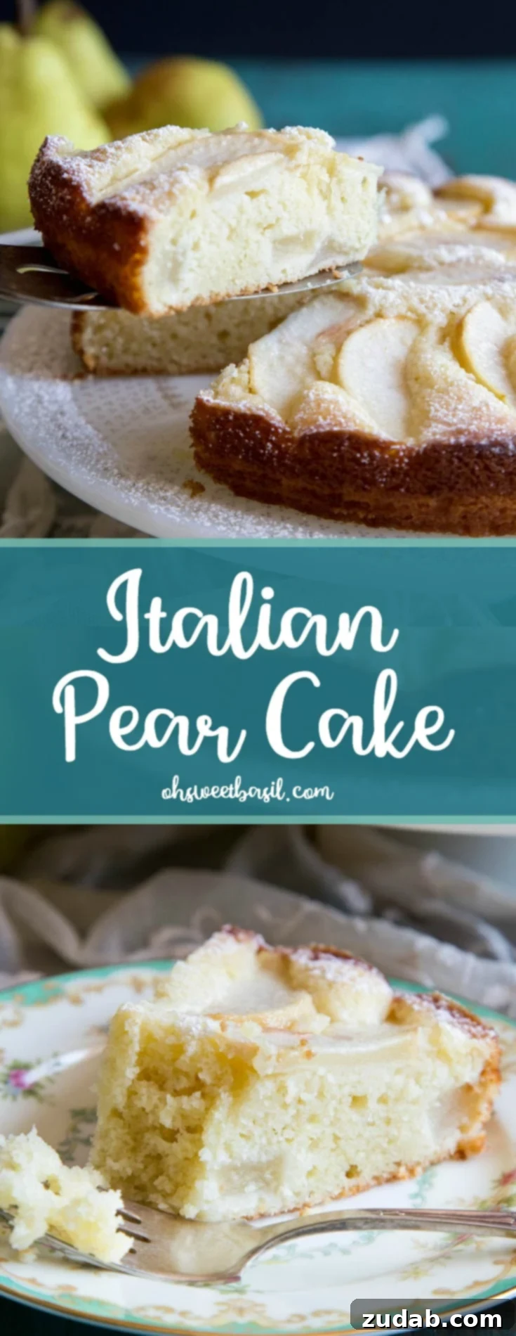 Classic Italian Pear Almond Cake 8 A whole Italian Pear Cake, generously dusted with powdered sugar, showcasing the beautiful arrangement of pear slices on top, ready to be served.