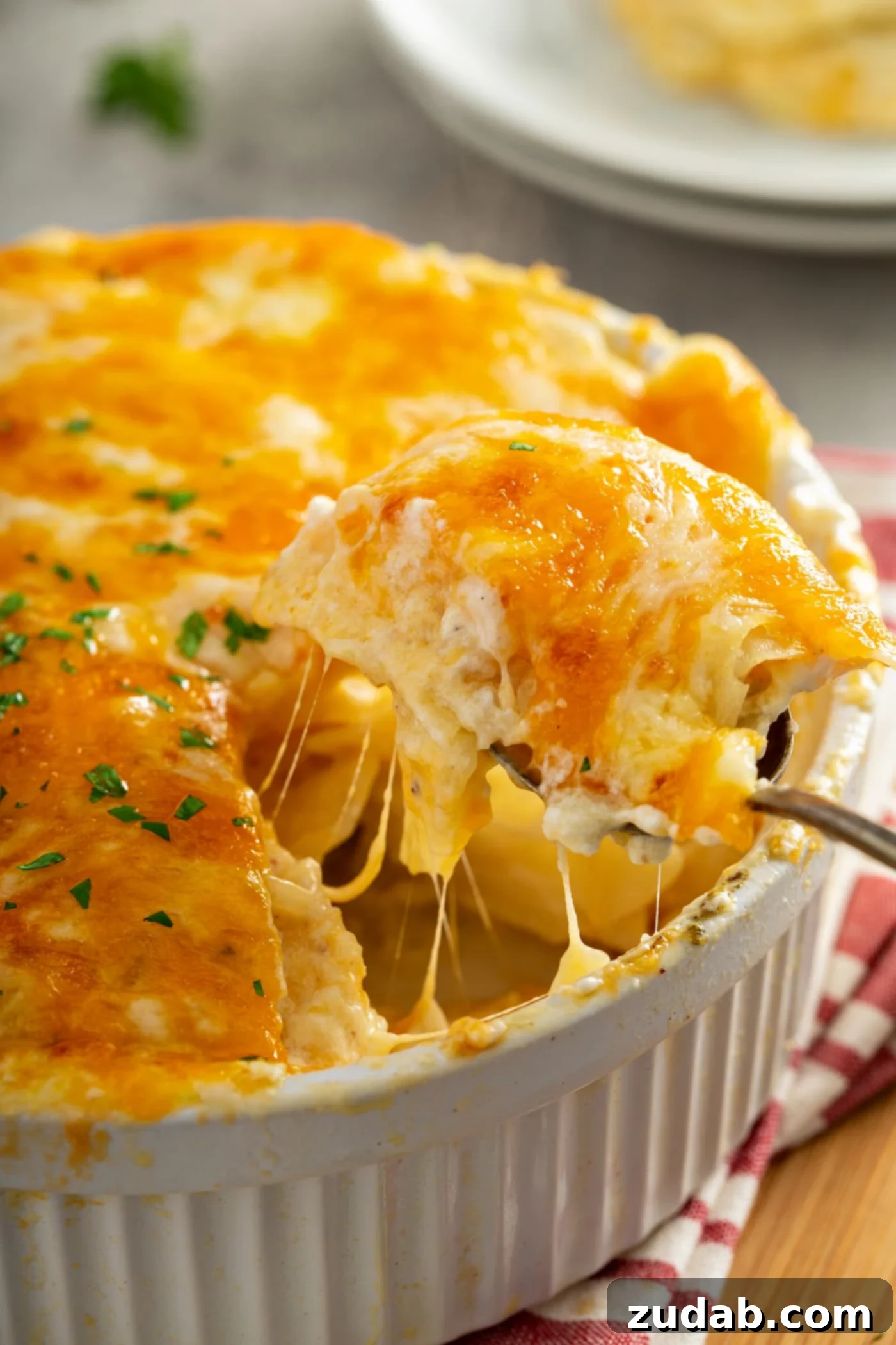 Simple Instant Pot Cheesy Potatoes A casserole dish filled with cheesy potatoes. The cheese is melted to perfection and there are strings of cheesy hanging from the serving spoon.