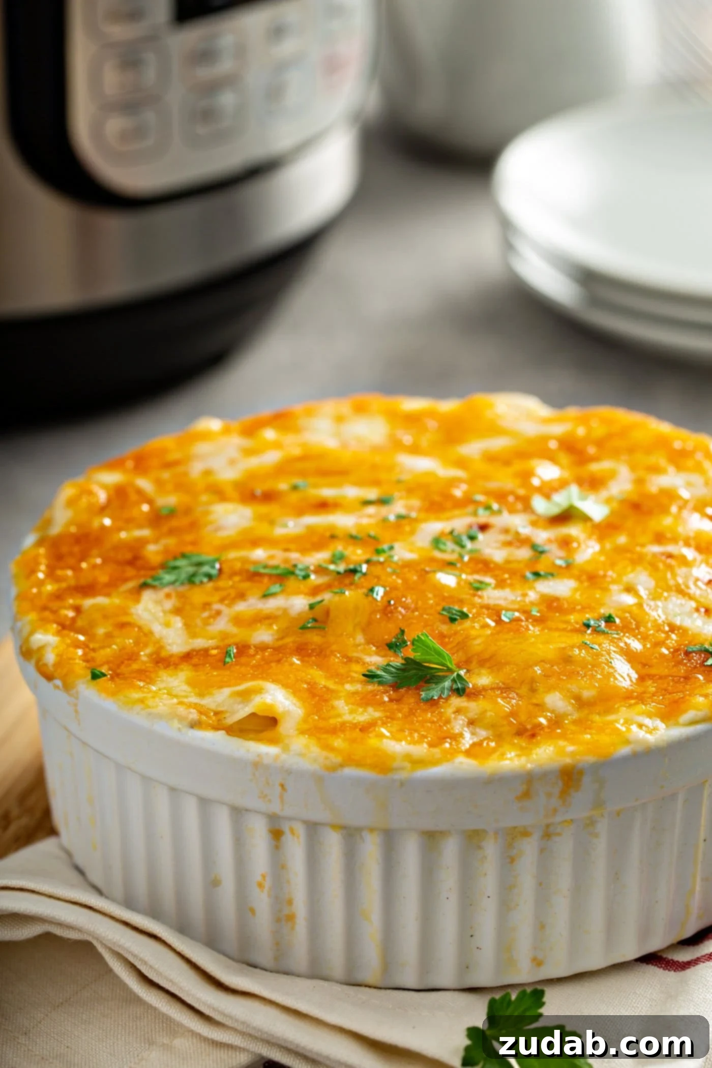 Simple Instant Pot Cheesy Potatoes A casserole dish with cheesy potatoes topped with melted cheese and parsley leaves. There is a stack of dinner plates in the background and an instant pot.