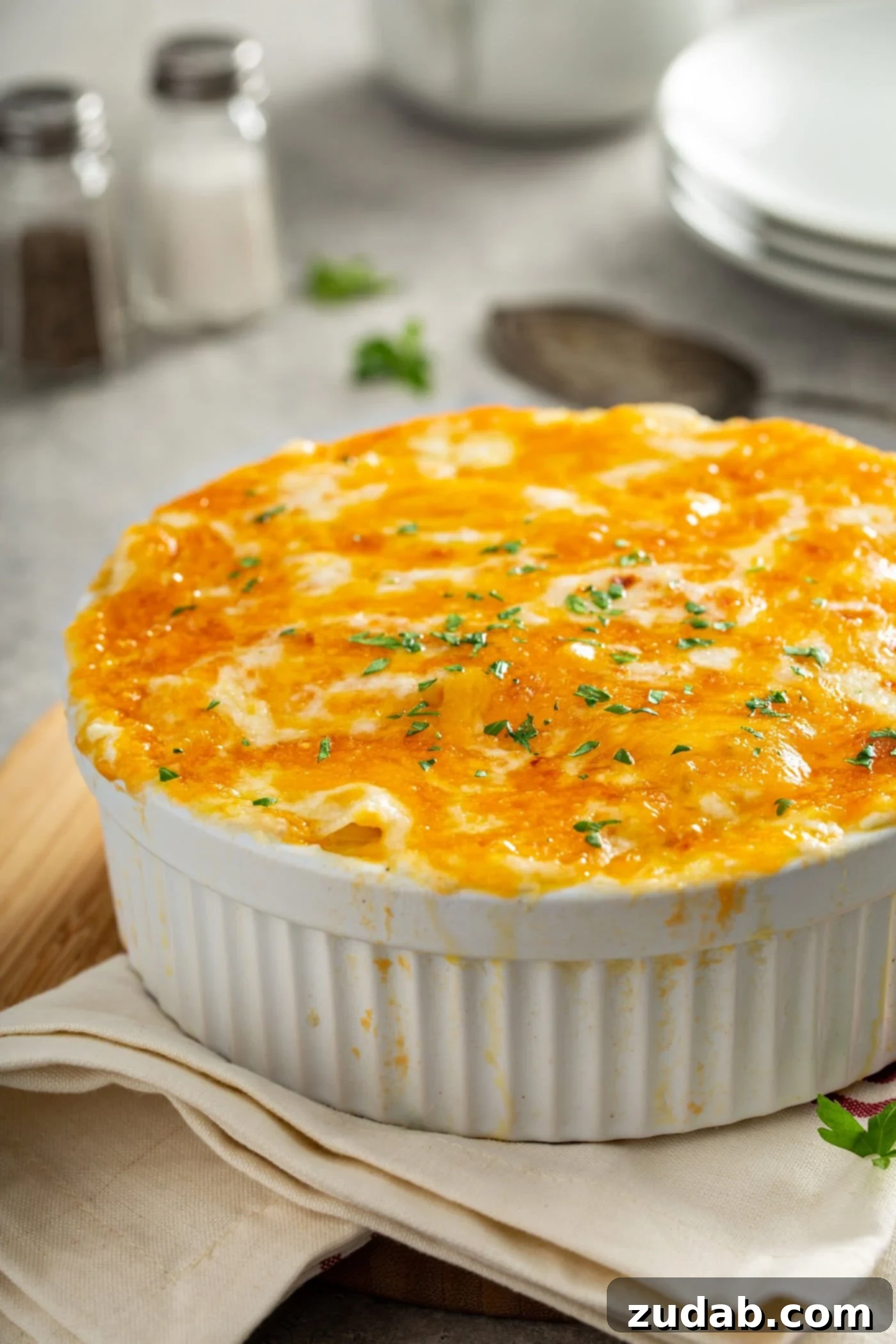 Simple Instant Pot Cheesy Potatoes A casserole dish full of cheesy potatoes. The cheese is melted and toasted.