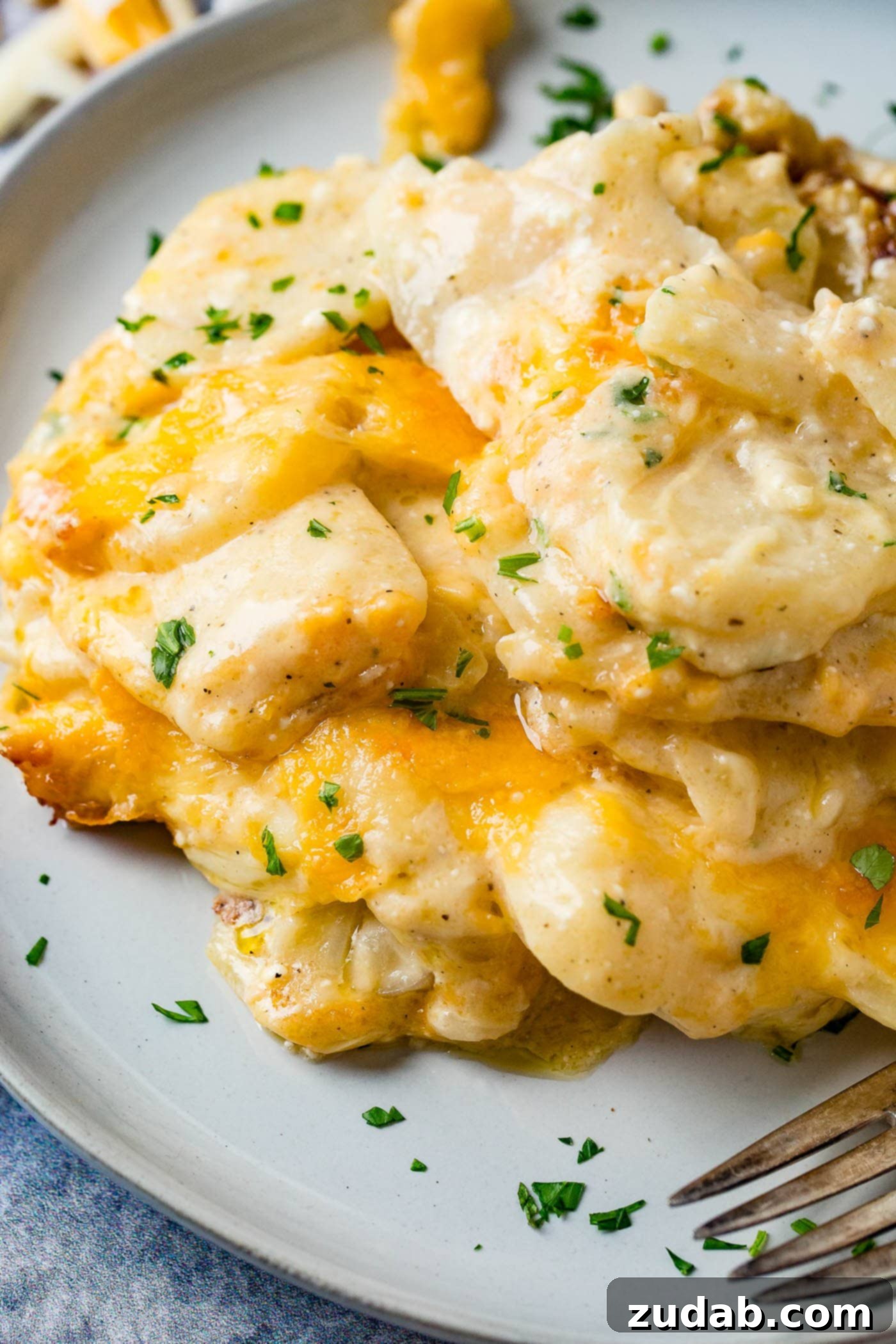 The Best Cheesy Potato Casserole Side Dish 2 a gray plate loaded with cheesy potatoes and a sprinkling of parsley